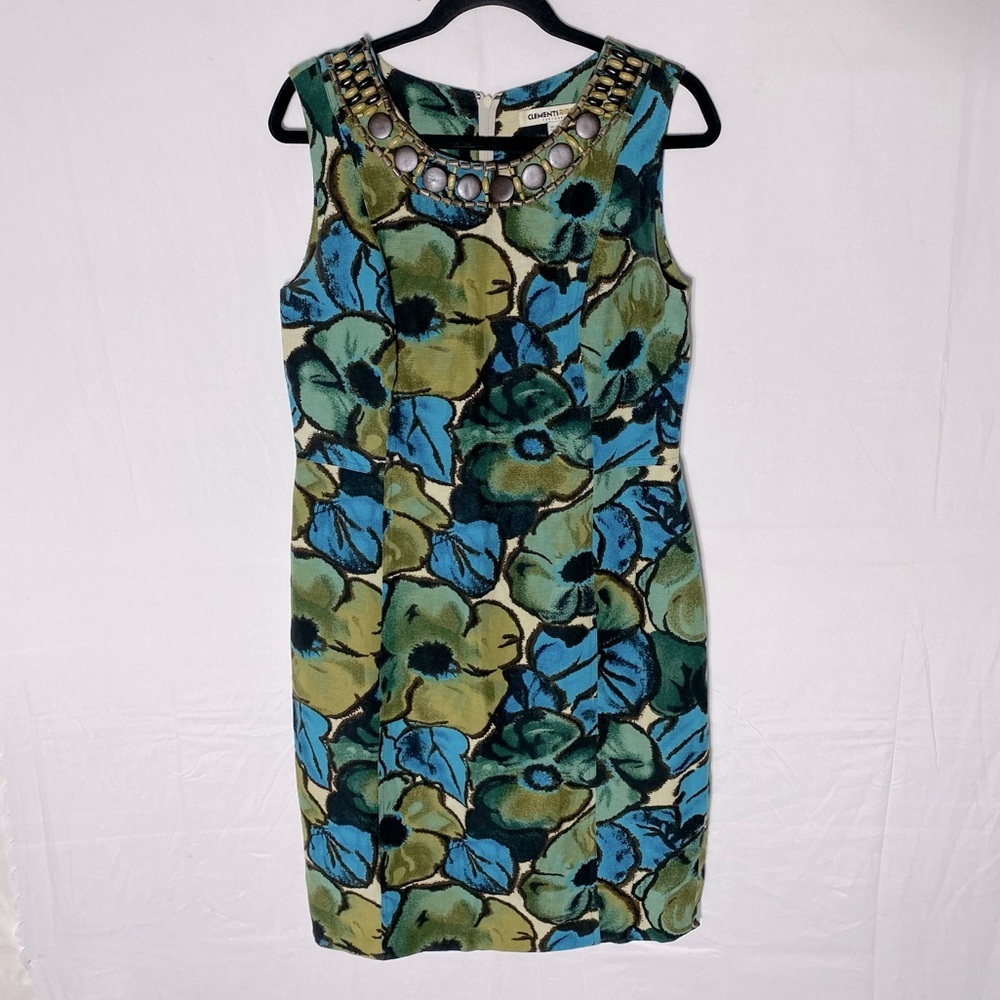 Clements Rebeiro Green Blue Floral Beaded Decolletage Sleeveless Dress 10